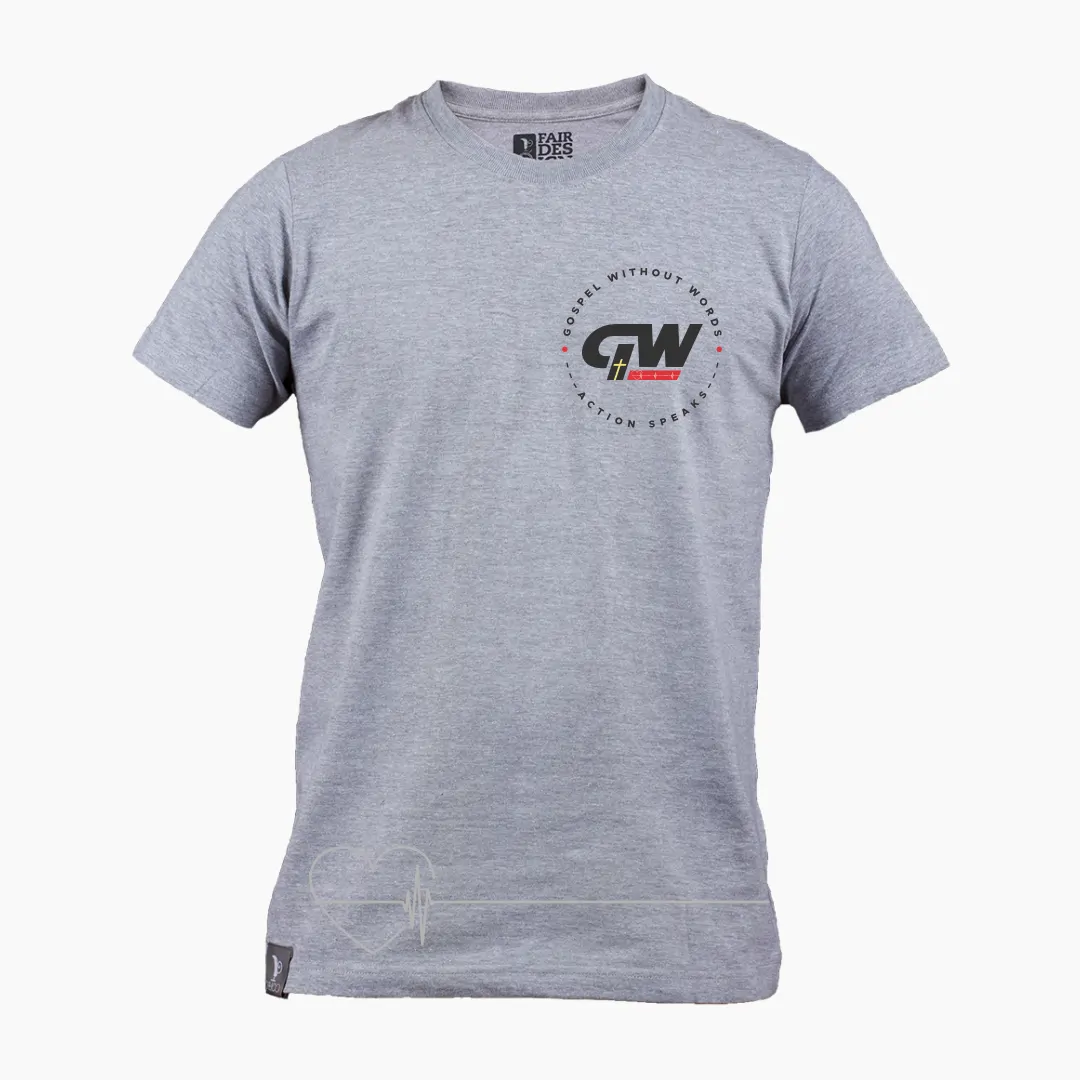 Grey shirt with circular logo on pocket square